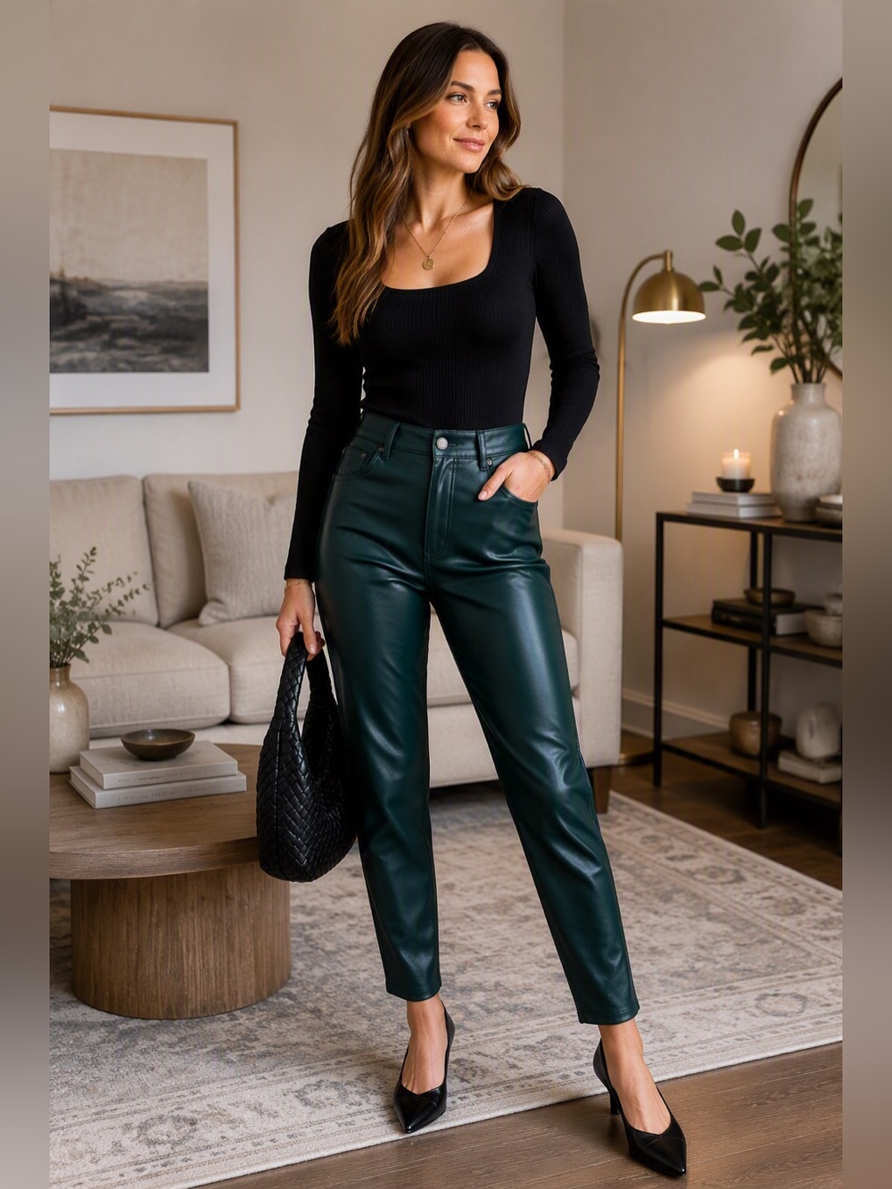 Express High-Rise Faux Leather Ankle Pants in Dark Green